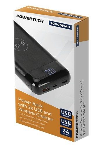 Powertech 5V-12V 20000mAh Power Bank with 2 x USB and Wireless Charger Black