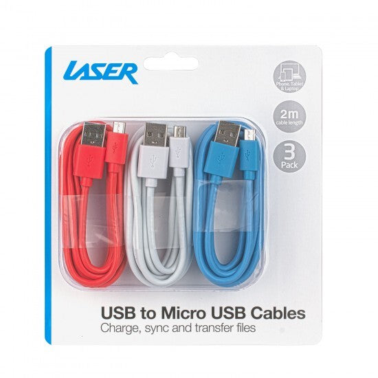 Laser Multicolor Portable 2m Micro USB to USB Cable Red Blue & White 3 Pack
