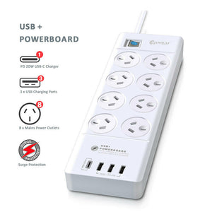 Sansai 8way Power Outlet Surge Protect Power Board Charger Ports USBA & TypeC