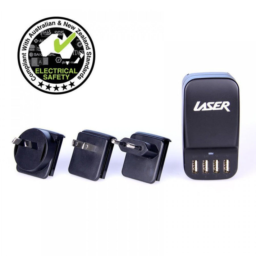Laser Travel Charger USB AU EU USA 4 Port Black  100-240V input