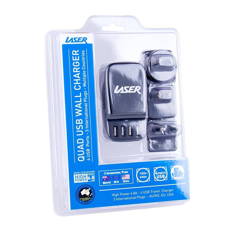 Laser Travel Charger USB AU EU USA 4 Port Black  100-240V input
