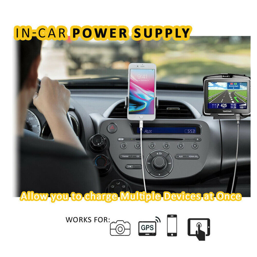 Sansai 2 USB Port 5V 2.4A Twin 12VDC Socket Cigarette Car Charger Adapter 1.2m