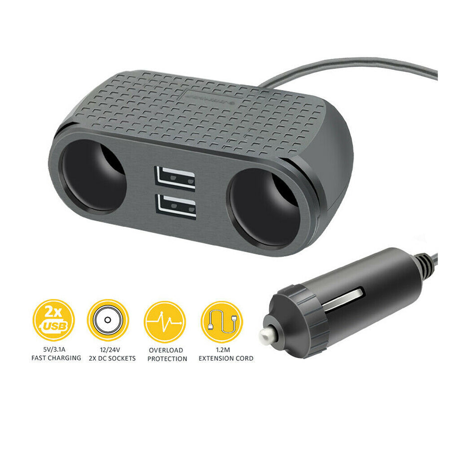 Sansai 2 USB Port 5V 2.4A Twin 12VDC Socket Cigarette Car Charger Adapter 1.2m