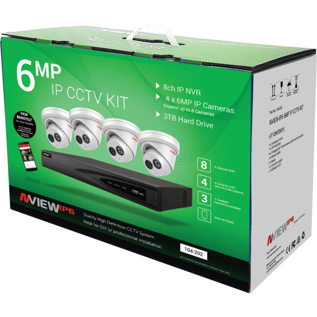 NESS 104-202 NView 8Ch 6MP IP CCTV NVR Kit with 4 Turret Cameras & 3TB Harddrive