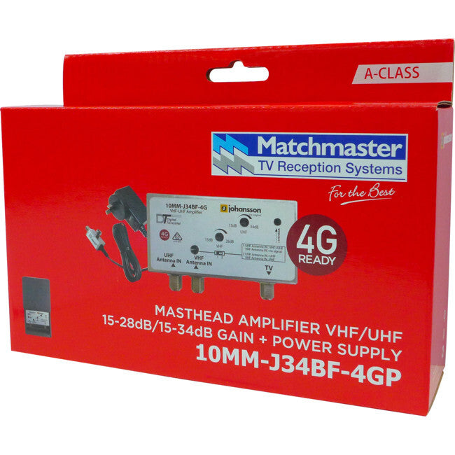 Matchmaster 34DB VHF UHF Masthead Amplifier with 4G 5G Filter & Power Supply