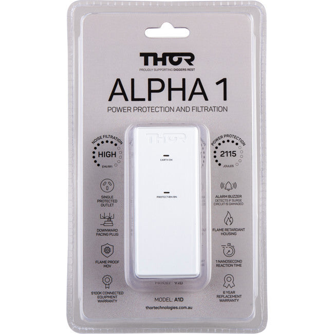 THOR Alpha Single Outlet Downward Facing Surge Protector & Filter 2115 Joules