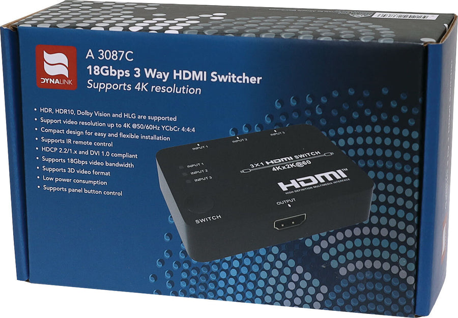 Dynalink 3 Way HDMI V2.0 4K Switcher with Remote Control