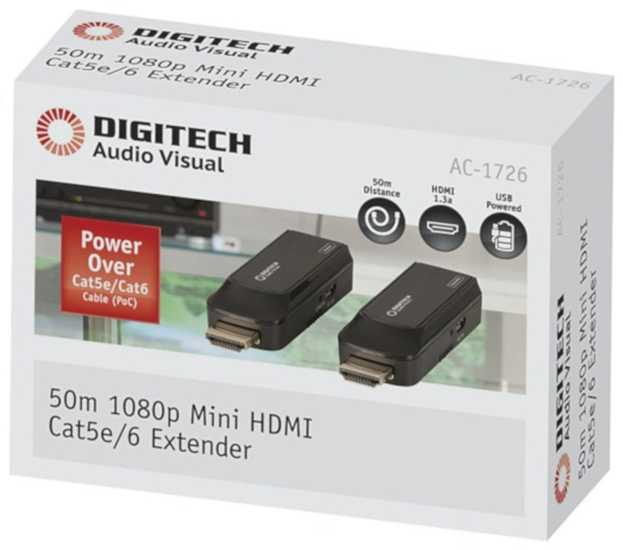 DIGITECH Mini HDMI 50m 1080p Cat5e 6 Extender 5VDC power with USB Micro B power cable