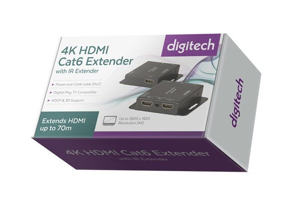 Digitech 70m HDMI Extender over Single Cat6 Infrared 4K cable upto 40m and 1080p