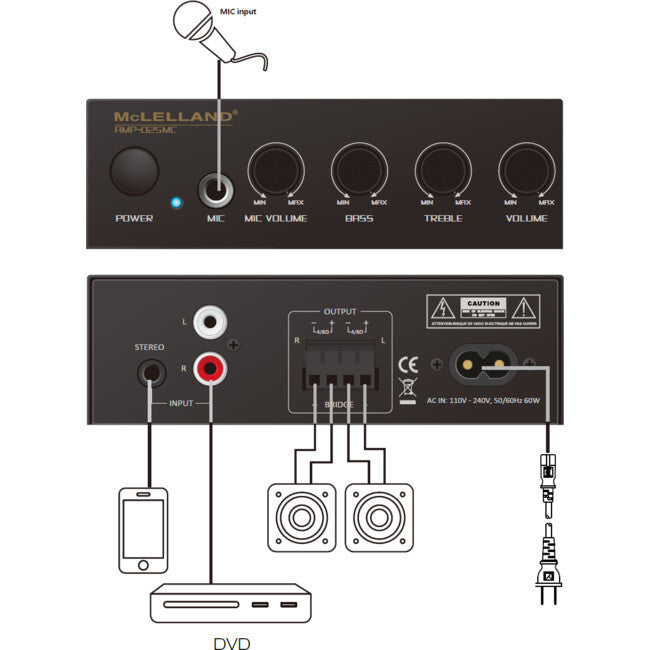 McLELLAND Class D Mini Digital Stereo Amplifier with Mic Input RCA & 3.5mm Jack