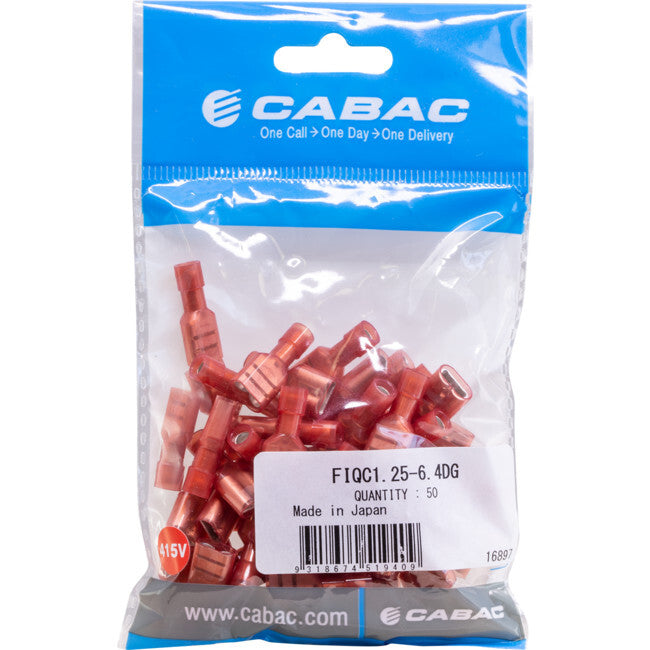 CABAC Insulated Terminal Lug suit Wire Range 0.5-1mm Tab Width 6.4mm Red 50Pk