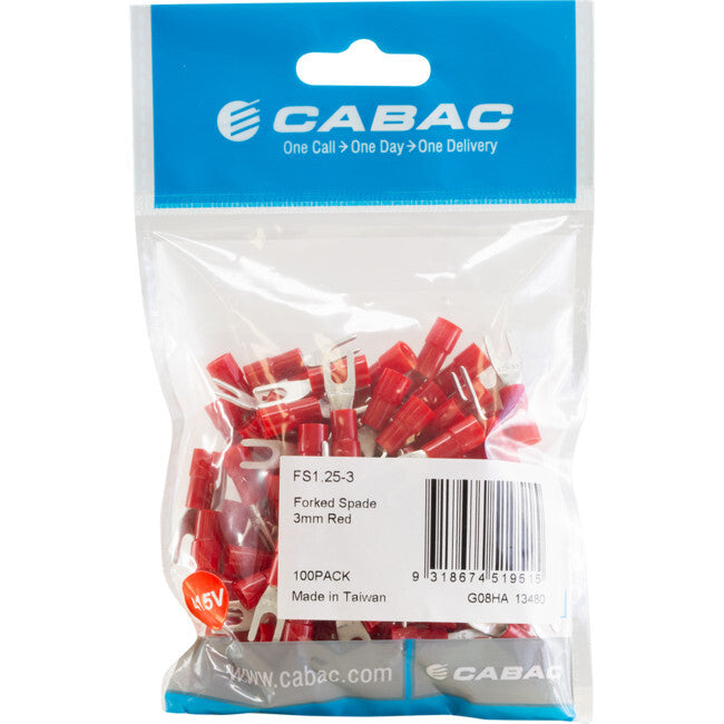 CABAC Forked Spade Terminal 3mm Red Suit Wire Range 0.5-1mm 100 Pk