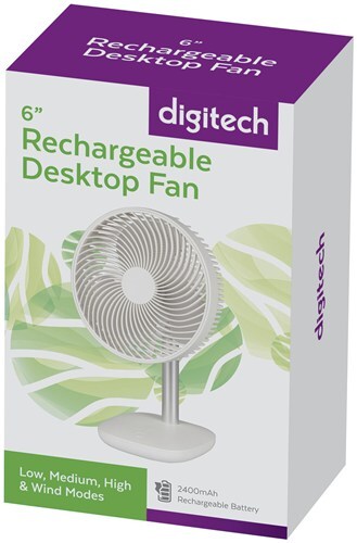 Digitech 3 Speed 6 Inch Rechargeable 2400mAh Battery Portable Desktop Fan