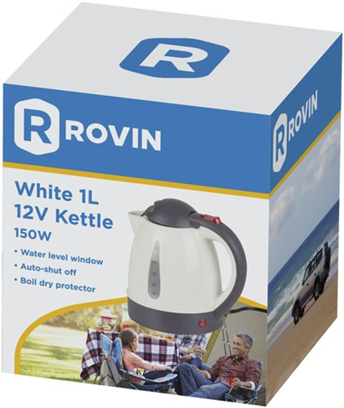 Rovin 1L 12V Auto Shut off & Boil Dry Protector with Water Level Window Kettle White