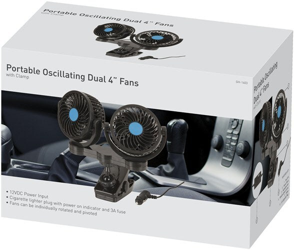 Portable Oscillating Dual 100mm Multi-Speed Control 12V Fans with Clamp Mount