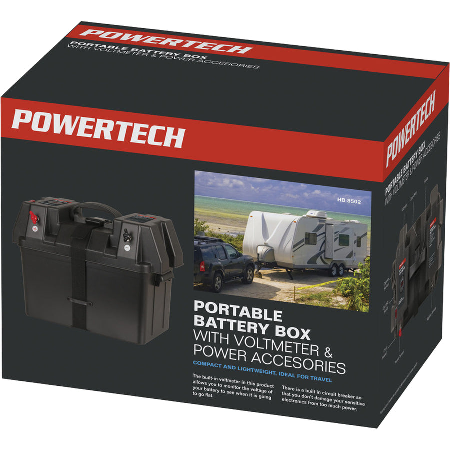 Powertech Battery Box With Voltmeter And USB Charge multiple connection points