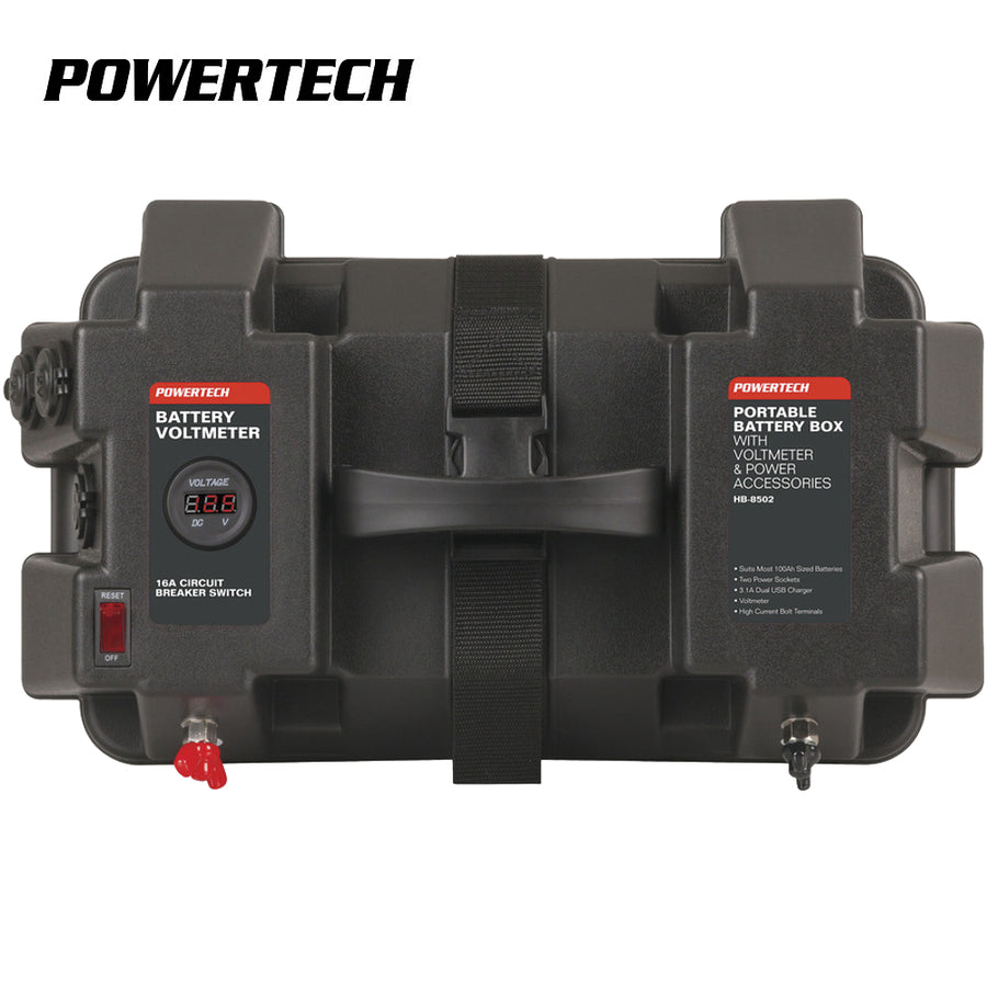 Powertech Battery Box With Voltmeter And USB Charge multiple connection points