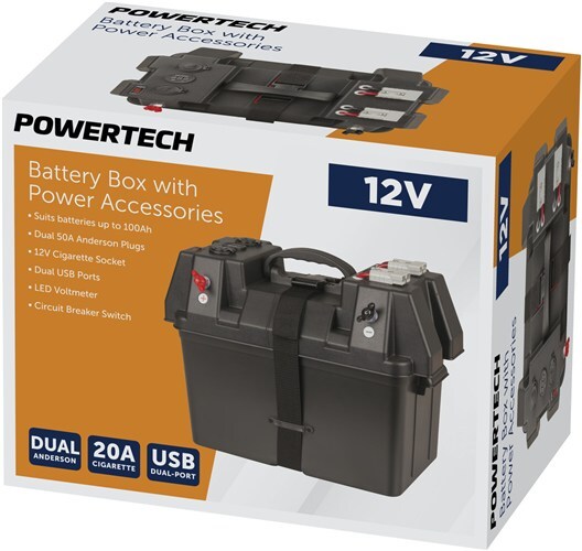 Powertech Battery Box with Voltmeter and Dual USB Charger and Dual Anderson Plugs