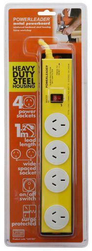 POWERLEADER Heavtduty Steel Housing 4 Way Surge Protect Powerboard Power Switch