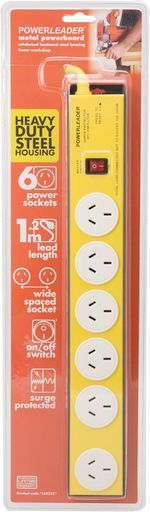 POWERLEADER Heavy Duty Steel Housing 6 Way 175 Joules Surge Protect Powerboard