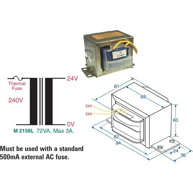 Powertran 24V - 240V 3A EI Core Transformer with Standard 500mA external fuse