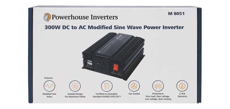 Powerhouse 300W 12V DC To AC Isolated Modified Sine Wave Output Power Inverter