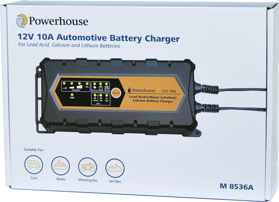 Powerhouse 12V 10A Automotive Battery Charger AGM & Flooded Modes Short Circuit