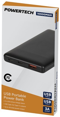 Powertech Black 10,000mAh Power Bank with USB-C and USB-A Ports 3A output