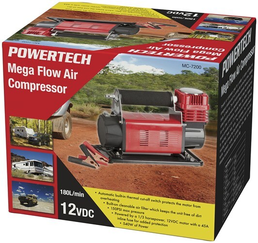 Powertech 12VDC Mega-Flow Air Compressor 180L/Min Power 540W Current 45A