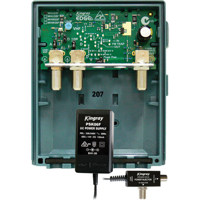 Kingray MHU25FP 25dB UHF Masthead Ftype Amplifier with LTE 4G Filtering & PSK06F