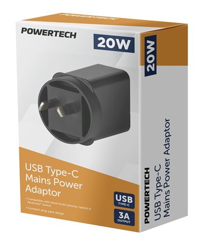 Powertech 20W USB Type-C Mains Power Adaptor 5-12VDC at up to 3A