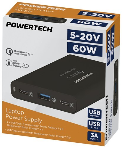 Powertech 5-20V 60W Laptop Power Supply with 2 x USB-C (PD3.0/QC4.0) and USB-A