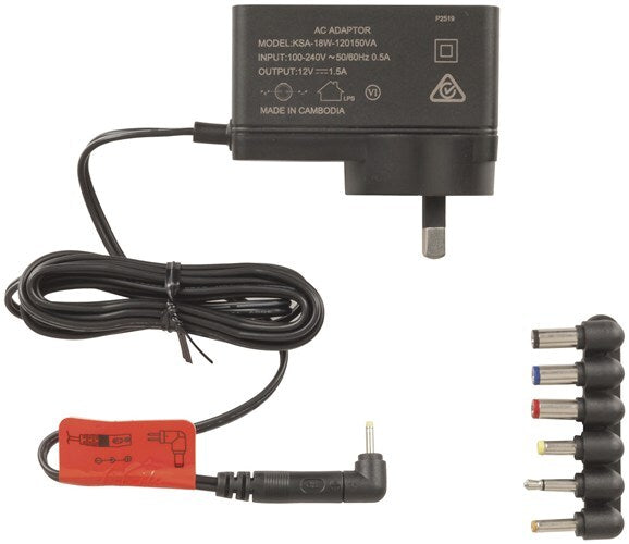 12V DC 1.5A Slim Power Supply 7DC Plugs Input: 100-240VAC 50-60Hz