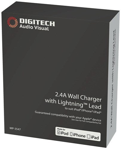 Digitech 2.4A Wall Charger with Lightning Cable to suit iPhone iPad iPod