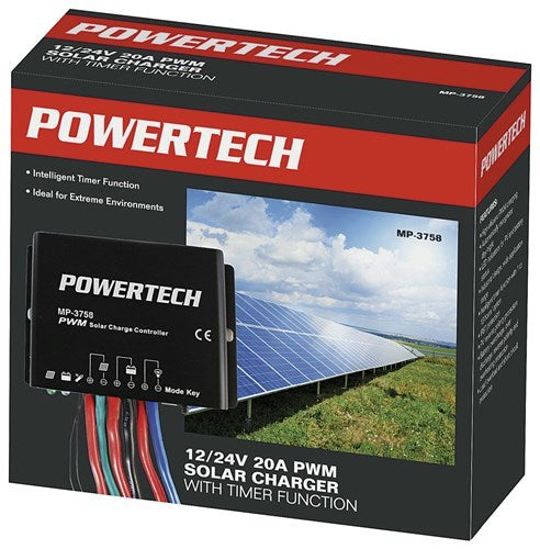 Powertech IP67 Rated 12VDC 24VDC 20A PWM Solar Charge Controller with Timer