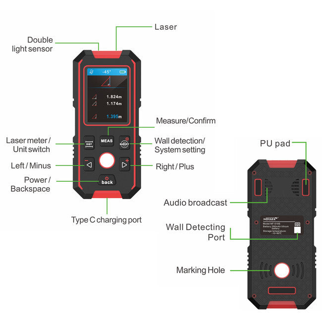 NOYAFA NF518S Multi Function Stud Finder AC Power Detector Laser Distance Meter