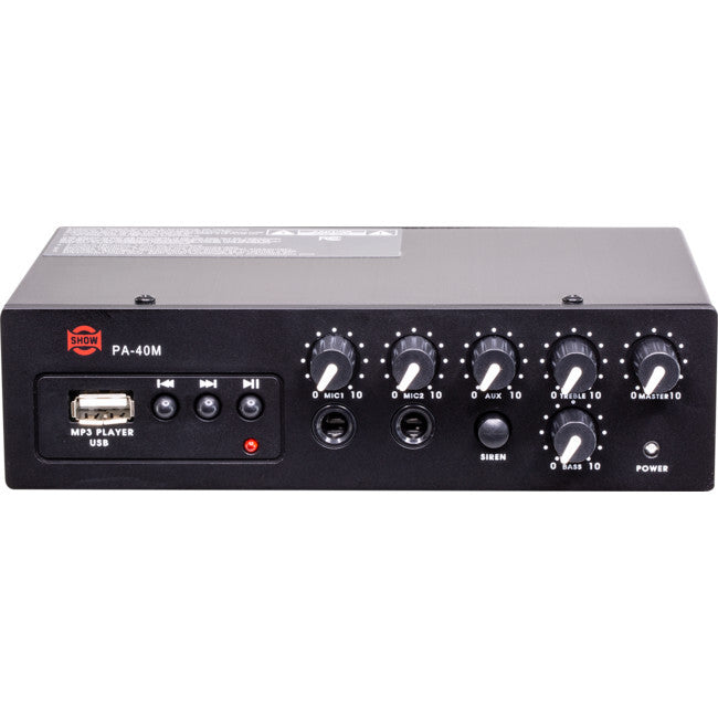 SHOW PA40M 40Watt DC12V Class D Amplifier with MP3 Siren Switch 2x Mic Aux In