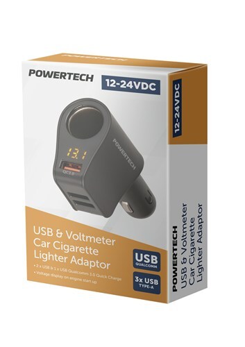 Powertech Car Cigarette Lighter Adaptor with 3 USB Charging Ports Voltmeter