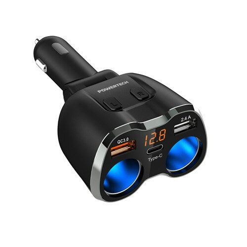 Powertech Dual Car Cigarette Lighter Adaptor with 3USB Charging Port Voltmeter