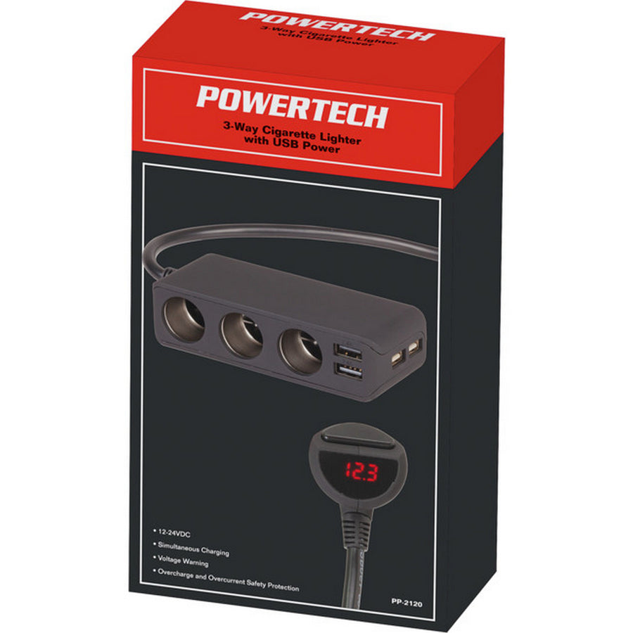 Powertech 3 Way Cigaratte Lighter Socket With 2 USB 2.4A & 2 USB 1A Charger