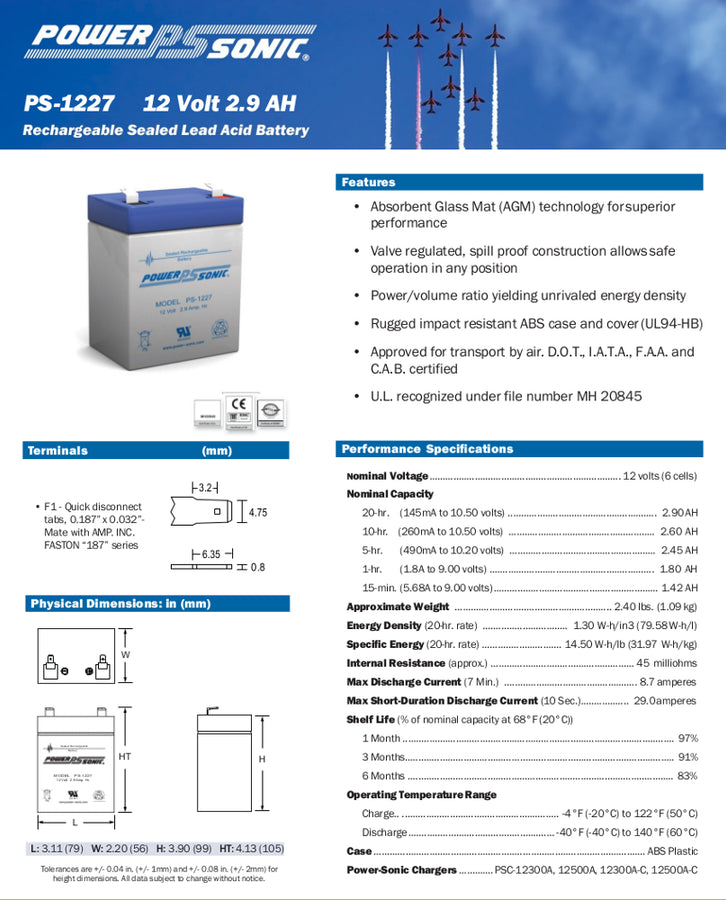 POWERSONIC PS1227 12V 2.9Ah F1 Terminal SLA Sealed Rechargeable Battery