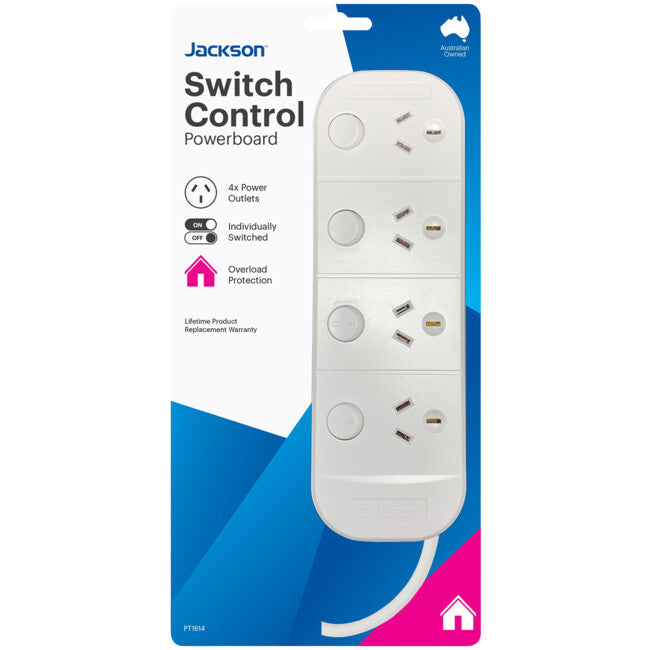 Jackson PT1614 Individually Switched Control 4 Outlet AU Style Power Board White