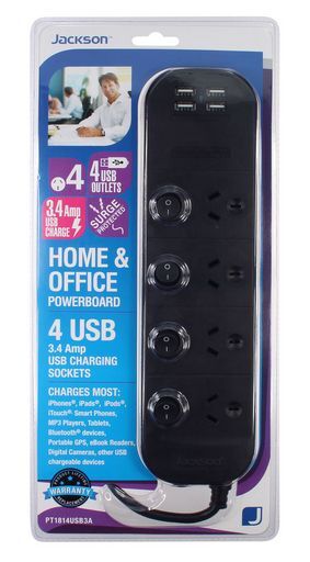 Jackson PT1814USB3A 4Port USB & 4 Switched Outlet Surge Protect Powerboard Black