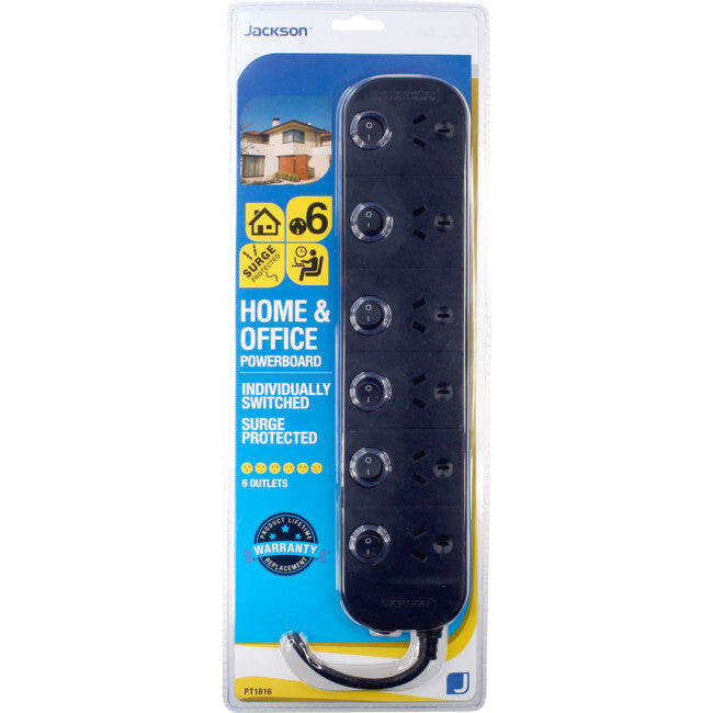 Jackson PT1816 Individually Switched 6 Outlet Surge Protected Powerboard Black