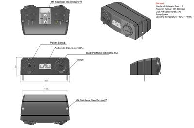 Surface Mount Bracket with 50A Battery Connector Dual USB-A & Cigarette Sockets