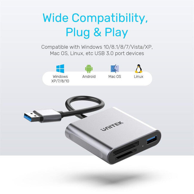 UNITEK R1011A USB3.2 XQD SD TF Card Reader with Wide Compatibility Plug & Play