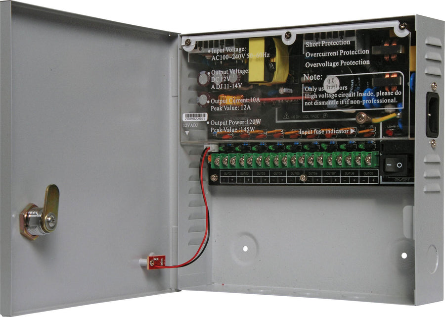 9 Way 12V DC CCTV Power Supply Short Circuit Protection Sturdy Steel Enclosure