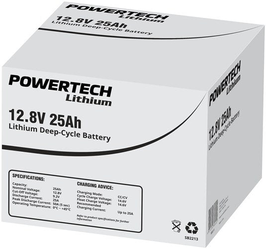 Powertech 12.8V 25Ah Robust LiFePO4 Cells Excellent Life Span Lithium Deep Cycle Battery