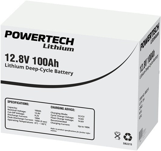 Powertech 12.8V 100Ah Lithium Deep Cycle Battery Discharge Current 50A