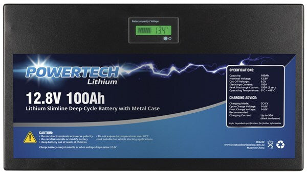 Powertech 12.8V 100Ah Lithium Slimline Deep Cycle Battery with Metal Case